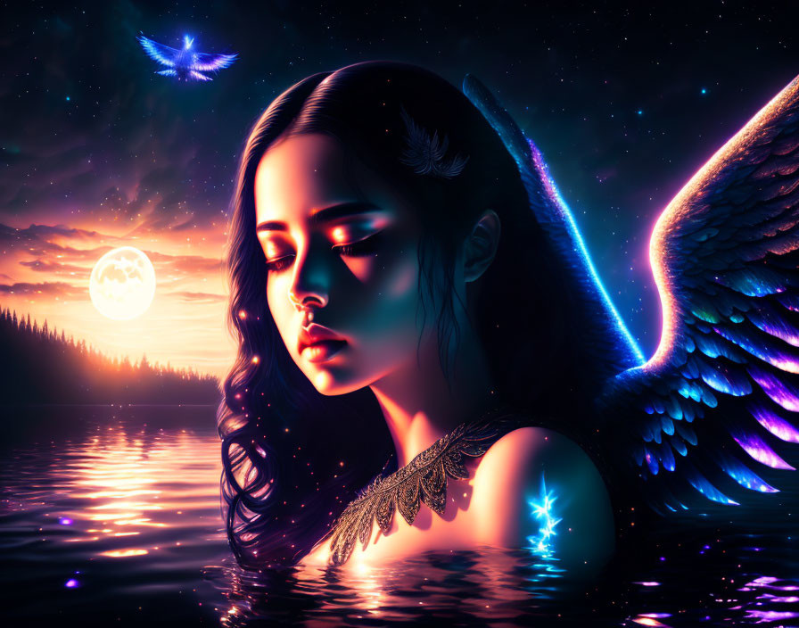 Fantastical image: Woman with glowing angel wings by moonlit lakeside