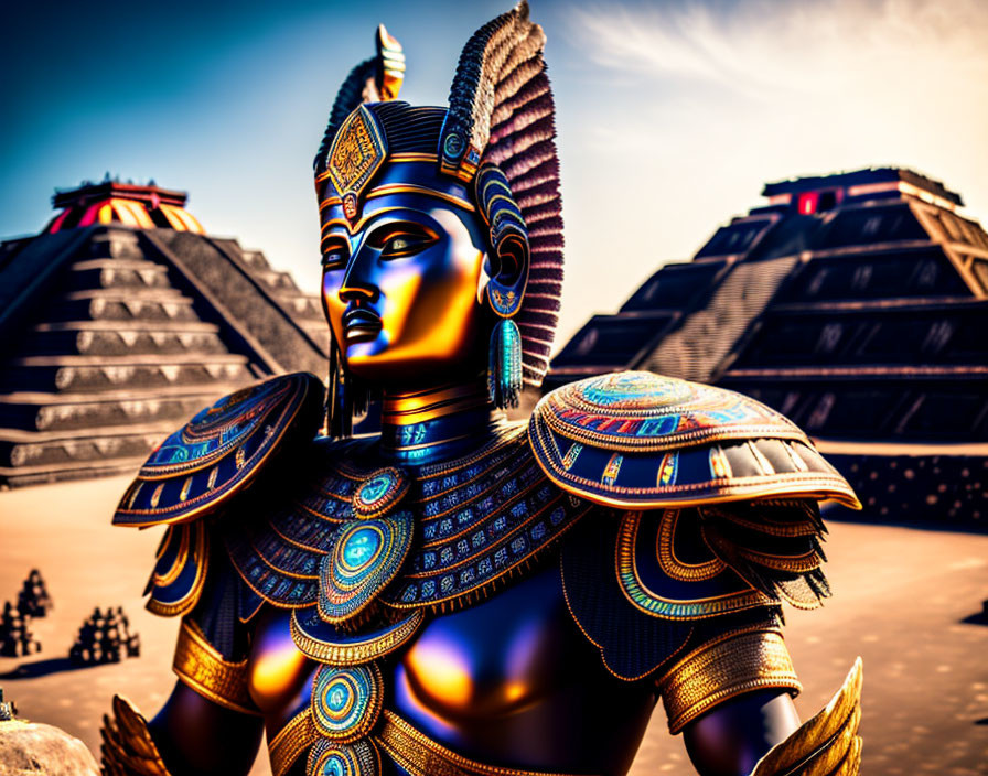 Digital artwork of Egyptian-inspired warrior with intricate armor by pyramids