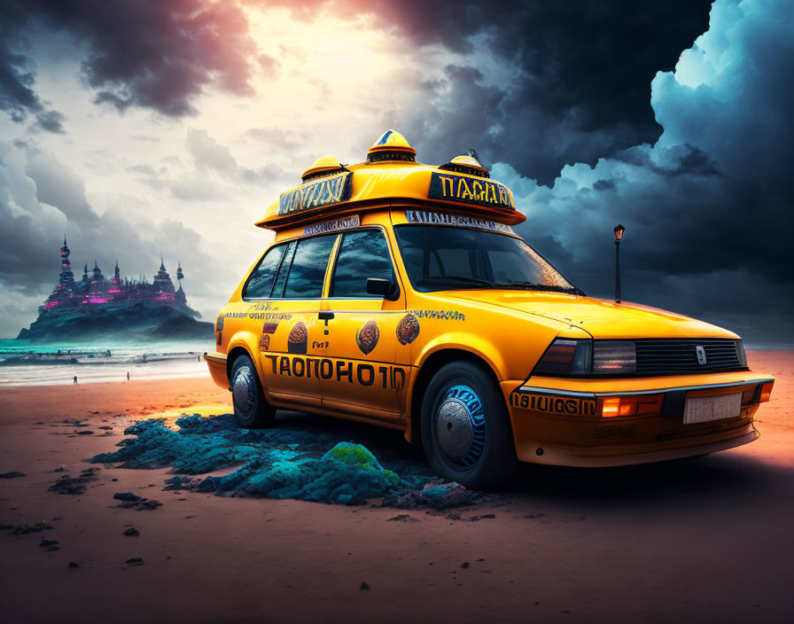 Yellow taxi with Russian lettering on beach with castle silhouette & colorful clouds