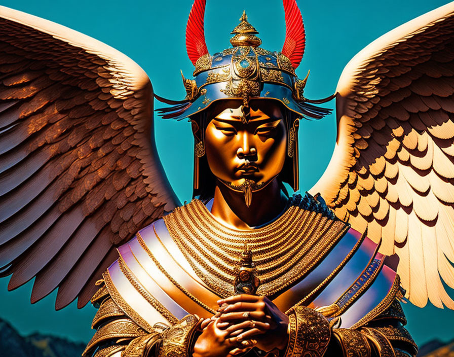 Majestic winged warrior in golden armor under blue sky