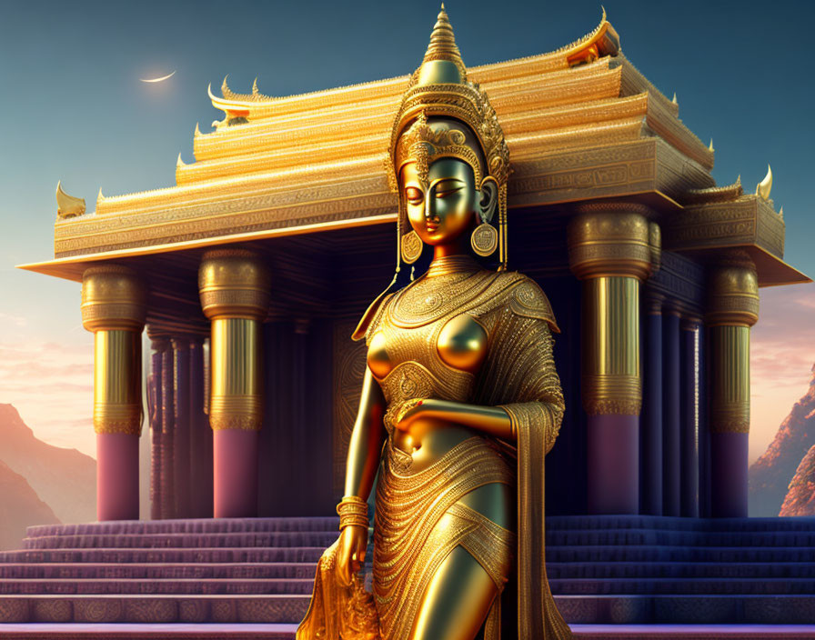 Golden female figure statue with Indian adornments at ancient temple.