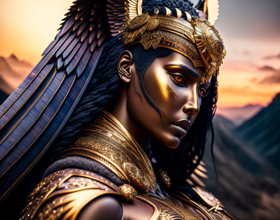 Digital artwork of woman in golden headdress and armor against sunset mountain.