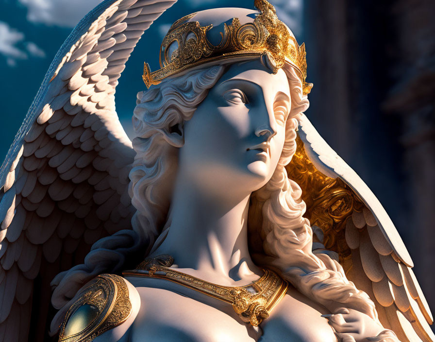 3D-rendered angelic figure with wings and golden armor on blue sky background