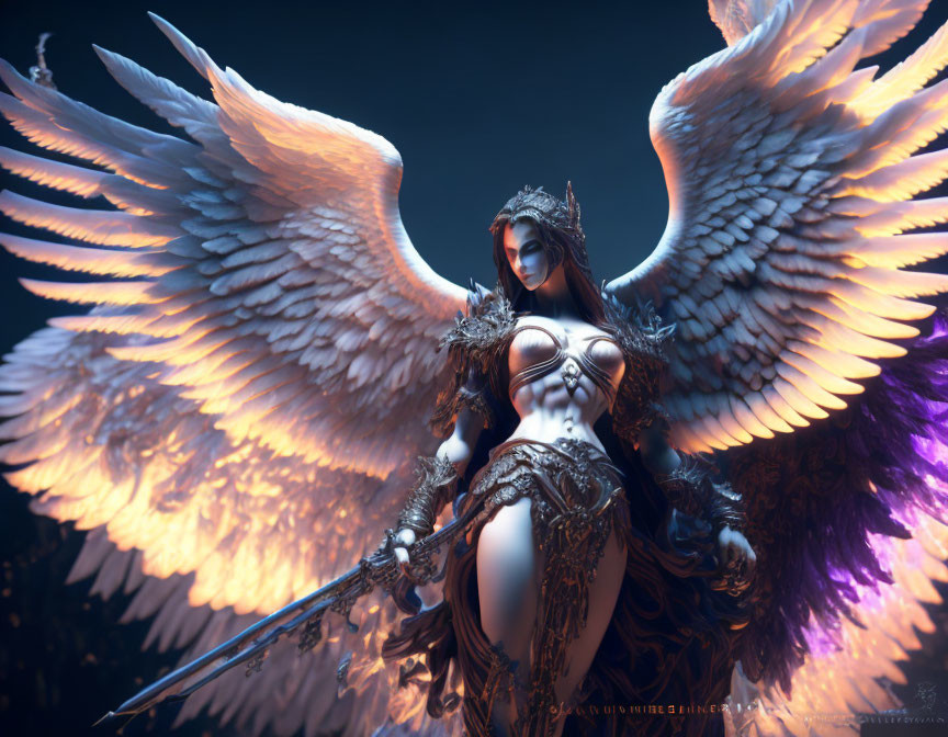 Majestic female character with white wings and sword in intricate armor