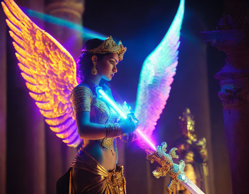 Regal woman in traditional attire with glowing sword and angel wings.