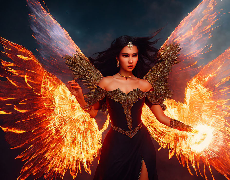 Dark-haired woman in black dress with golden details poses with fiery phoenix wings against night sky