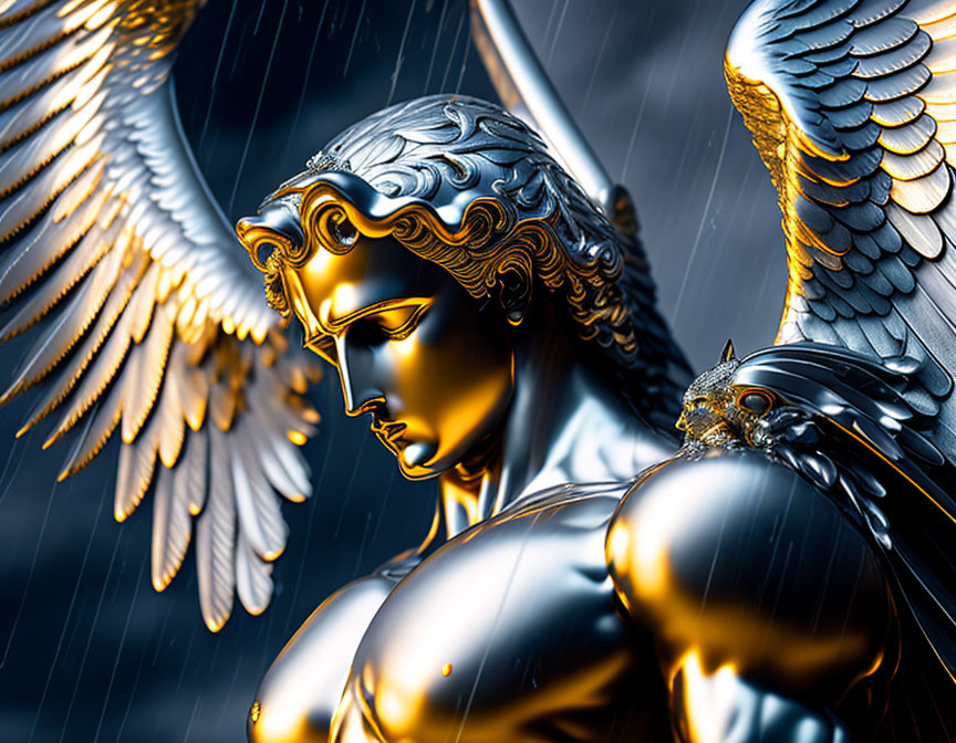 Detailed Metallic Angel Sculpture with Gold and Silver Hues