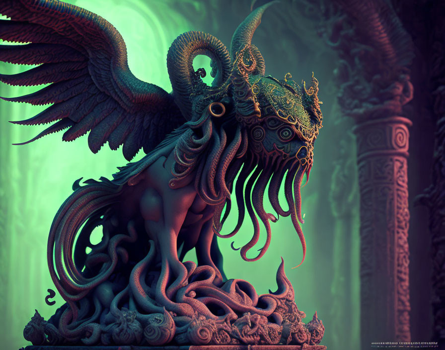 Majestic winged creature with ram-like horns and serpentine elements