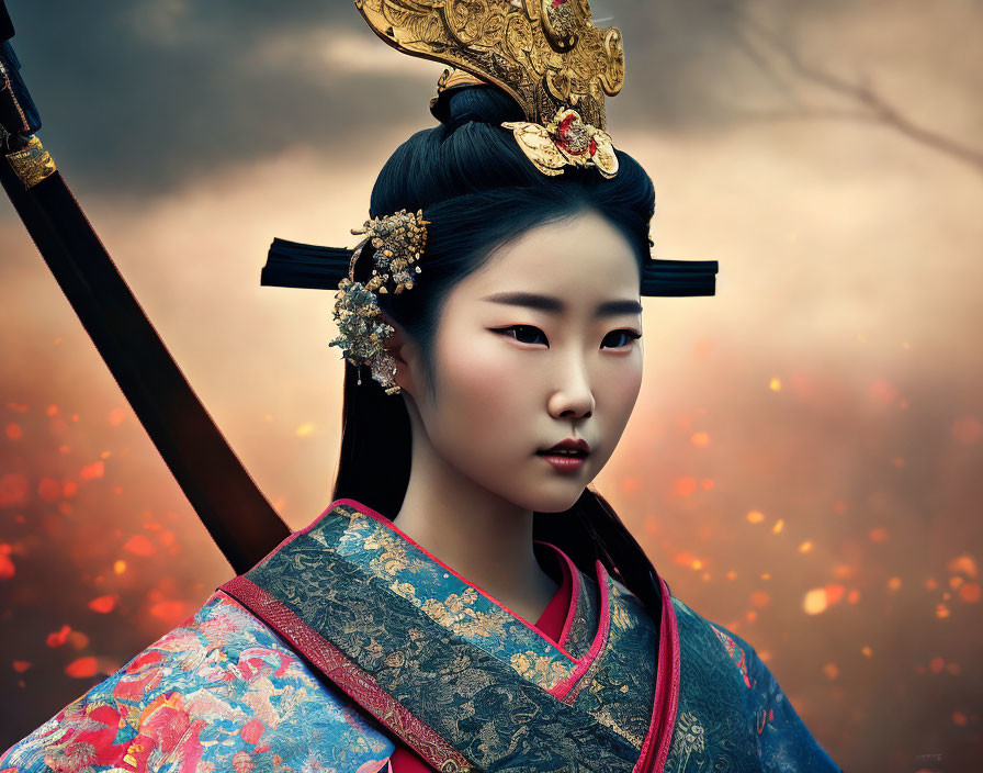 Traditional East Asian woman in ornate attire with sword and crown in warm backdrop