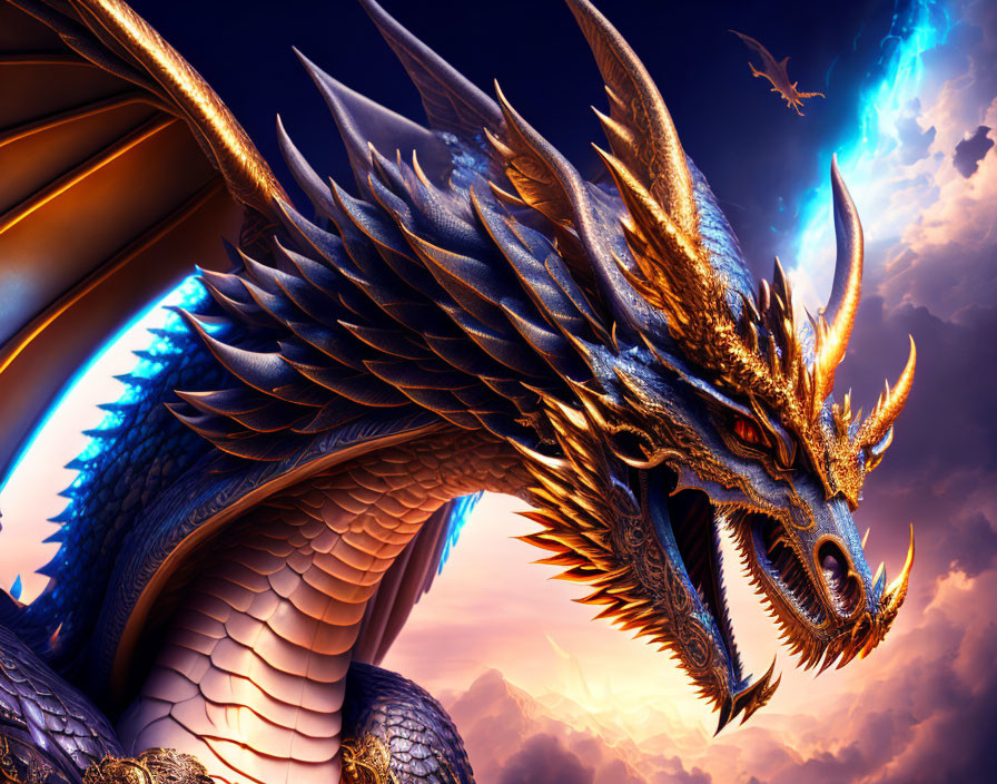 Blue dragon with golden horns in dramatic sky with figure on back.