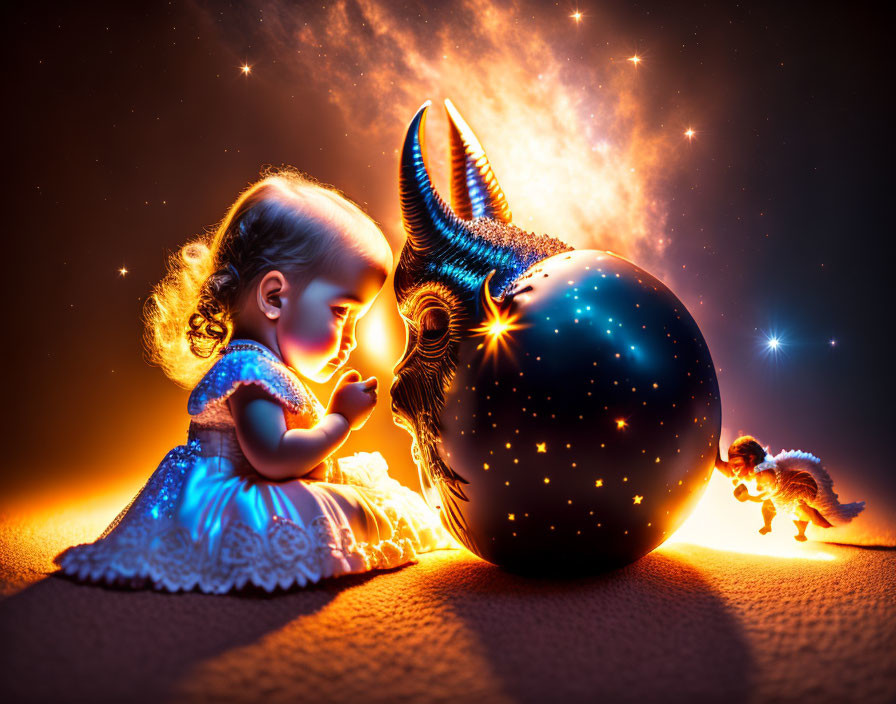 Young girl in blue dress meets mystical creature with starry sphere body.