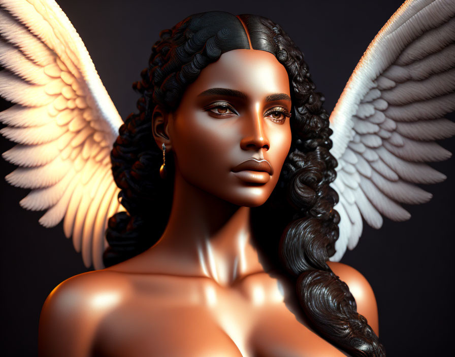 Detailed 3D rendering of woman with angel wings and intricate hair on dark background