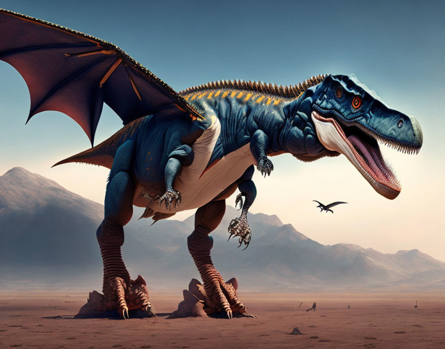 Majestic blue dragon in desert landscape with mountains