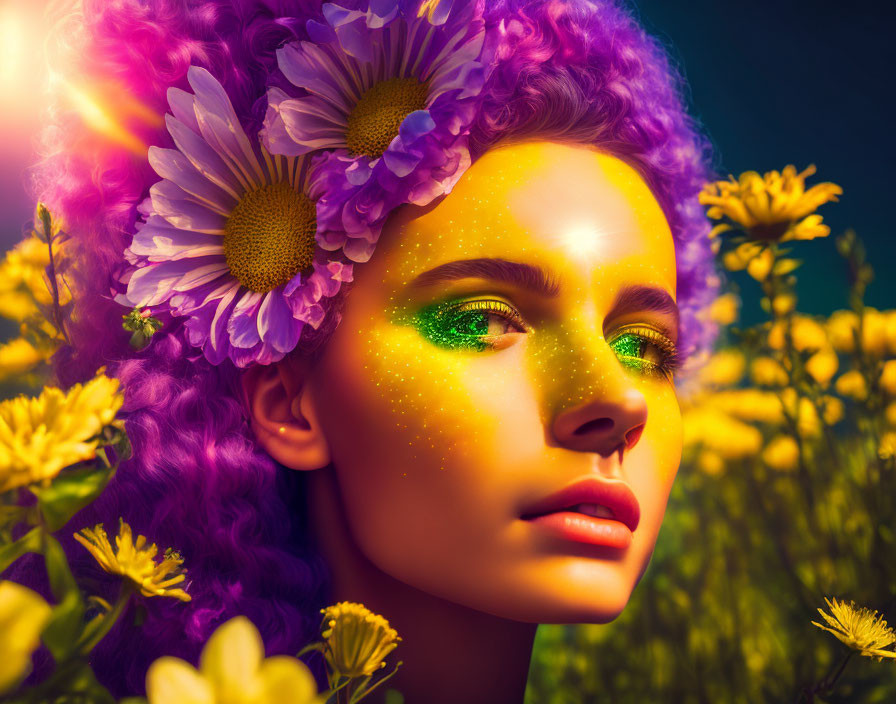 Purple-haired person with green eye makeup among yellow blossoms