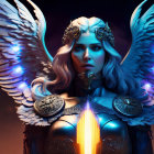 Celestial woman with iridescent wings and cosmic armor