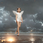 Child in angel costume with illuminated wings walks on rainy street at night