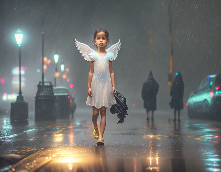 Child in angel costume with illuminated wings walks on rainy street at night