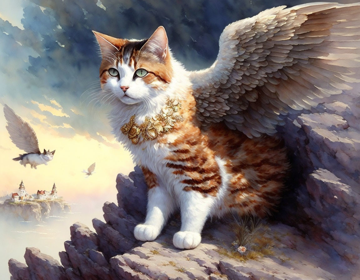 Majestic winged cat on rocky outcrop in fantasy landscape
