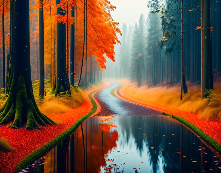 Scenic autumn forest road with mirror-like water reflection