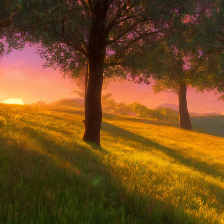 Tranquil sunrise landscape with sun rays, trees, shadows, meadow, pink and orange sky