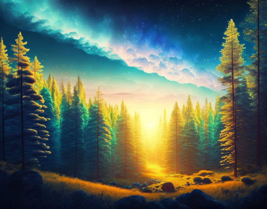 Digital artwork: Vibrant forest sunrise with tall pine trees and colorful sky.