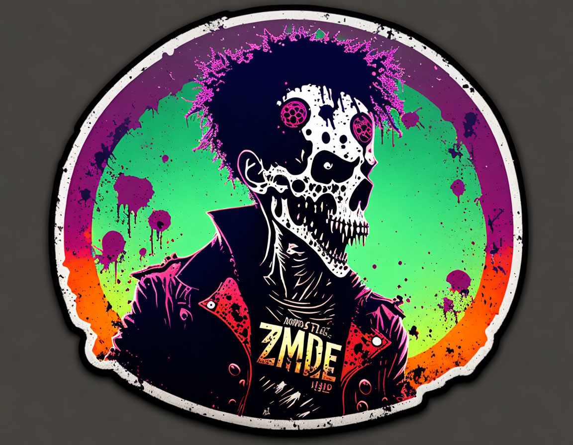 Skeleton in Jacket Sticker: Vibrant Purple, Green, Orange Splatter on Grey