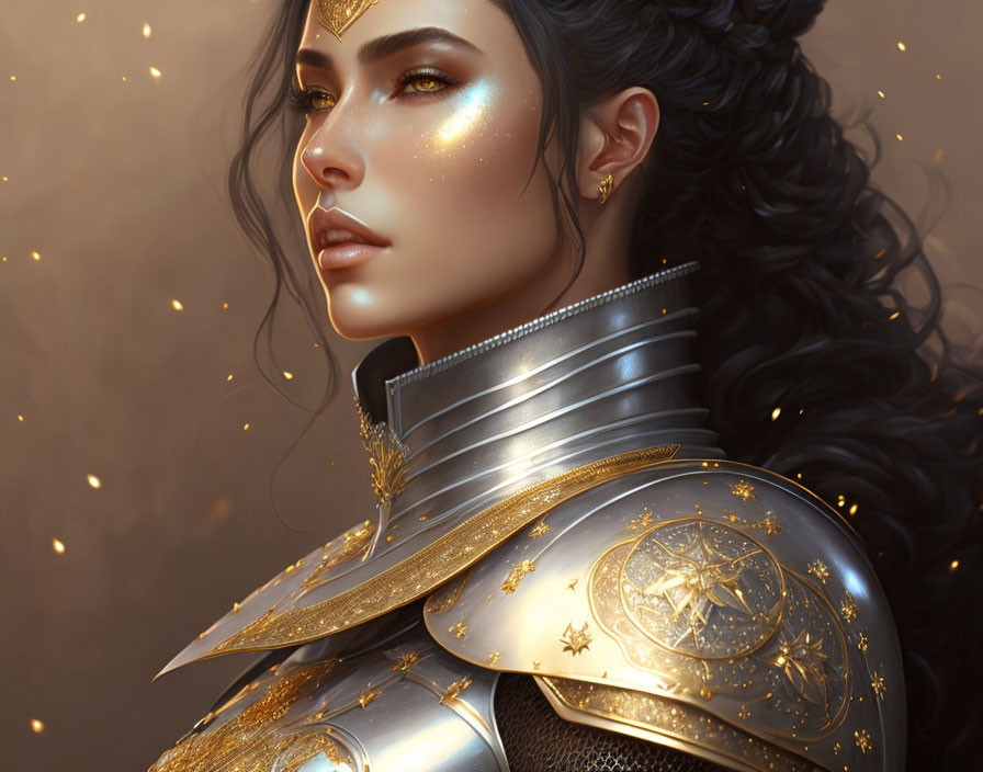 Dark-haired woman in golden armor with intricate designs and shimmering gold face paint.
