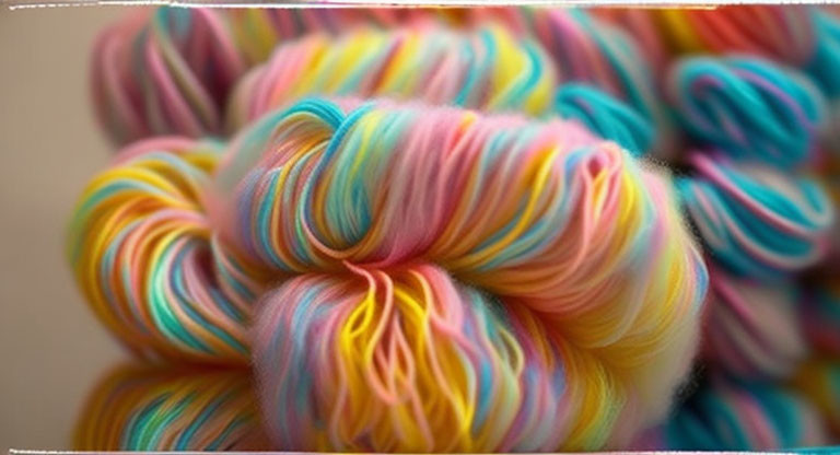 Colorful Pastel Pink, Yellow, and Blue Yarn Skeins on Soft-focus Background