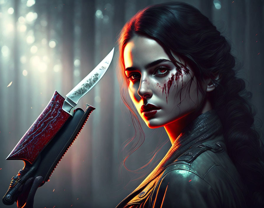 Woman with blood on face holding knife in intense gaze against dark, moody backdrop.