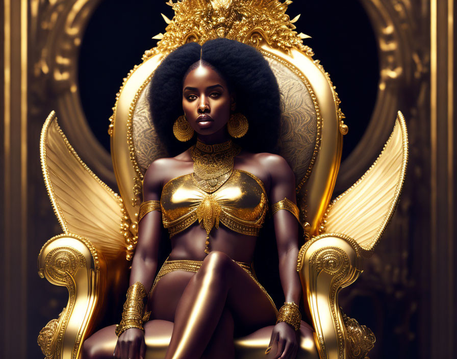 Dark-skinned woman with afro hairstyle on golden throne adorned with jewelry