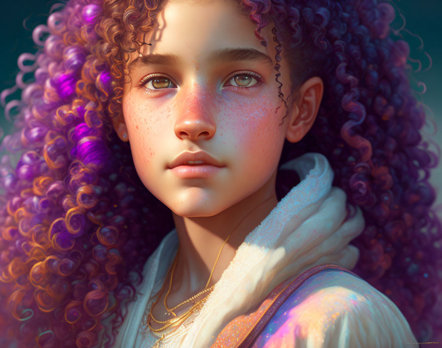 Portrait of young person with curly purple hair, freckles, hazel eyes, scarf, and