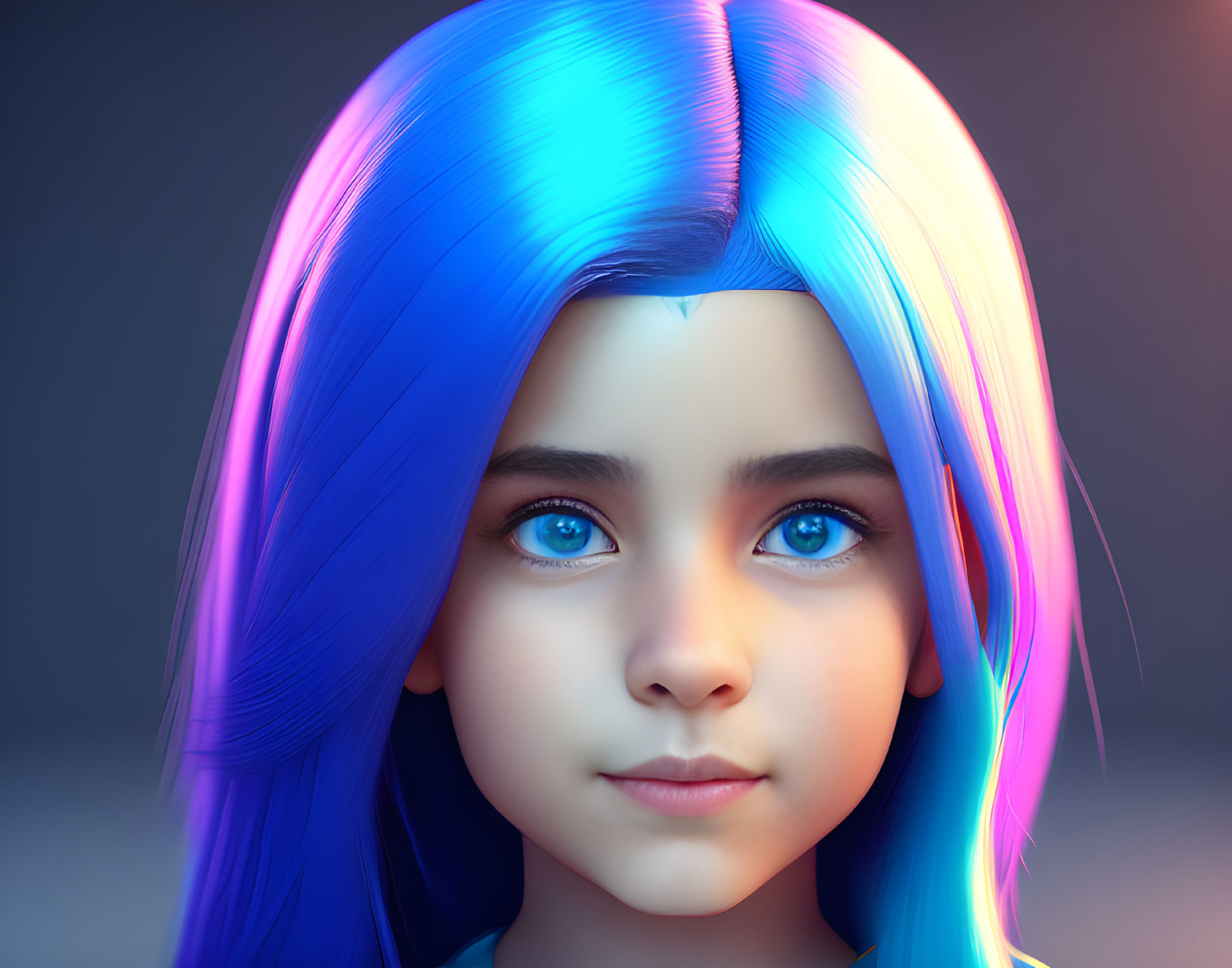 Girl with Blue Eyes and Rainbow Hair Gradient in Dramatic Lighting