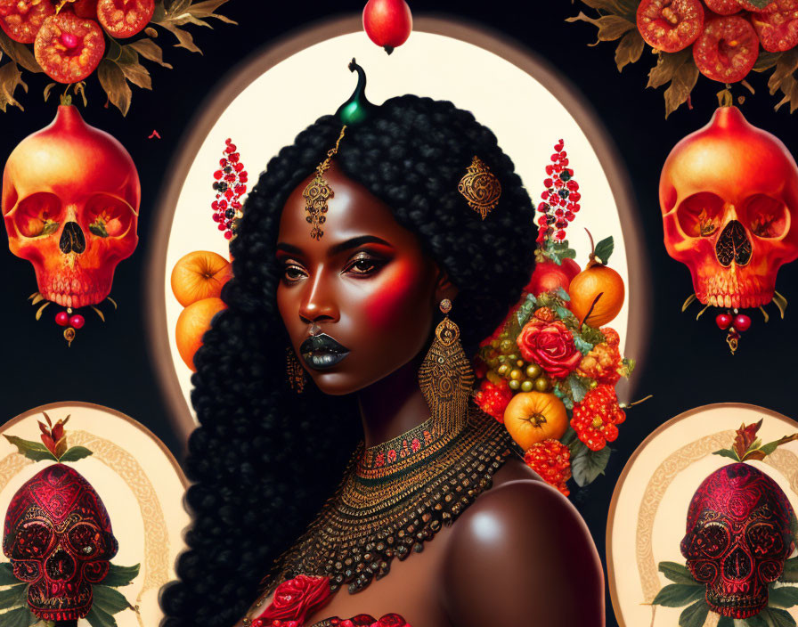 Regal woman illustration with dark hair and ornate jewelry amidst fruit, flowers, and skulls on dark