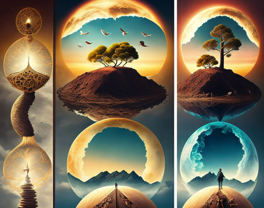 Surreal triptych of fantastical landscapes with floating islands