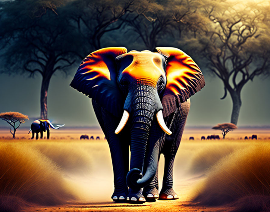 Colorful Elephant Artwork in African Savannah at Dusk