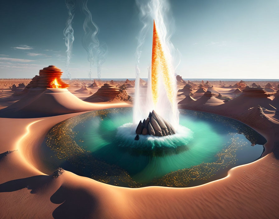 Vibrant desert landscape with fiery orange geyser in turquoise oasis