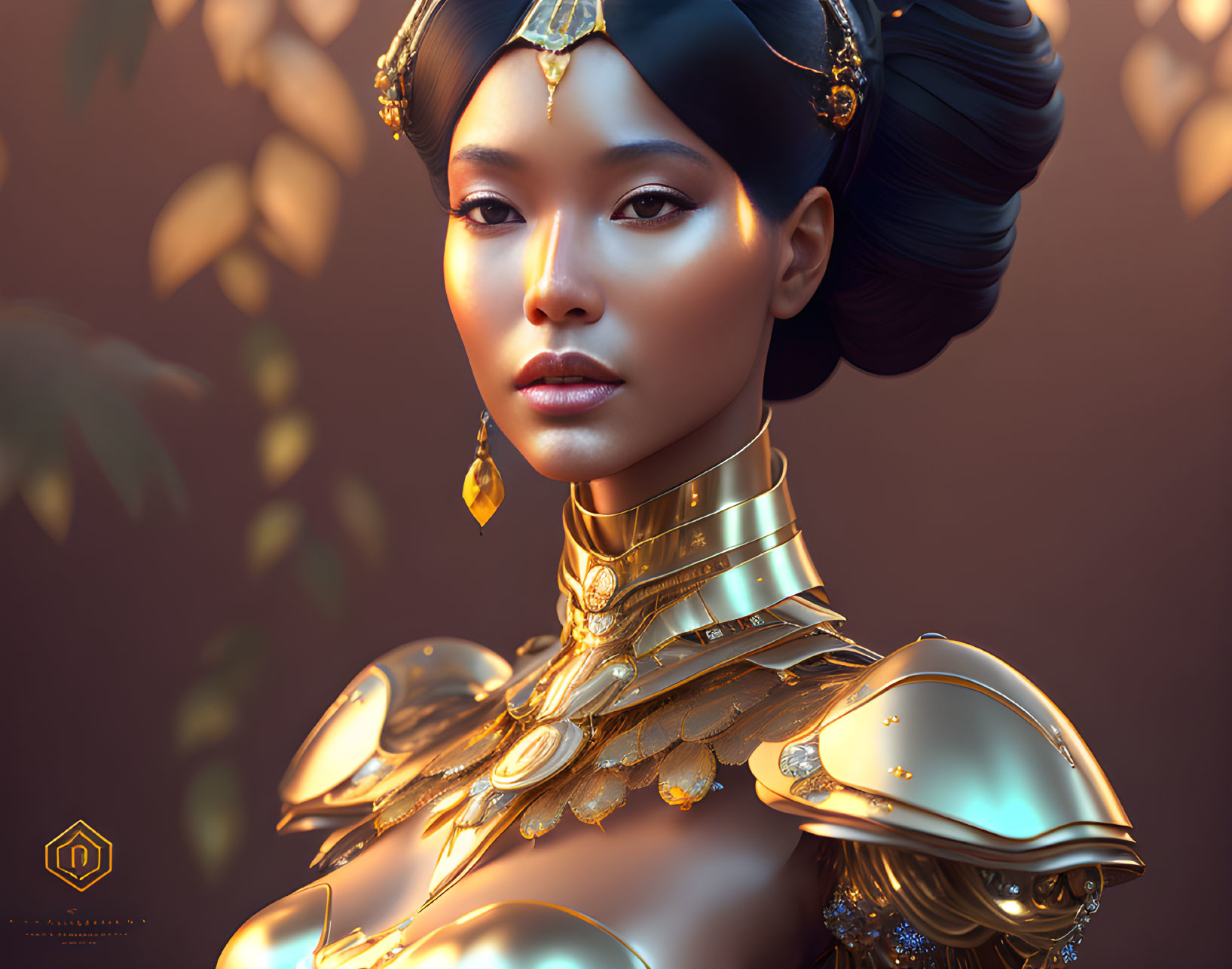 Digital artwork of elegant woman in golden armor and jewelry against leafy backdrop