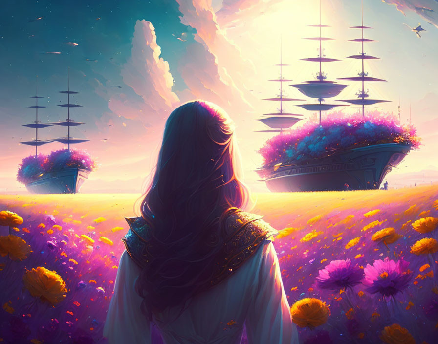 Woman admires floating ships over vibrant flower field in surreal scene