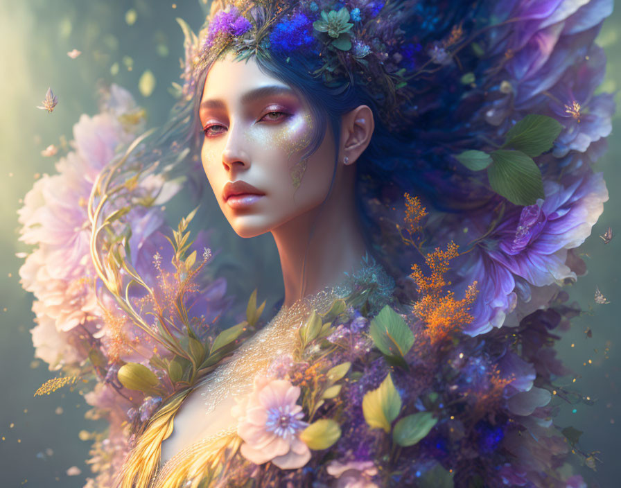 Fantasy portrait of woman with vibrant floral headdress in mystical setting