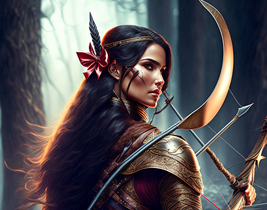 Female warrior with long hair in intricate armor holding bow and arrow in mystical forest