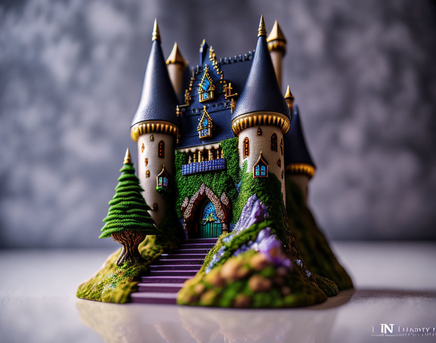 Miniature fairy tale castle with turrets and archway amidst painted trees.