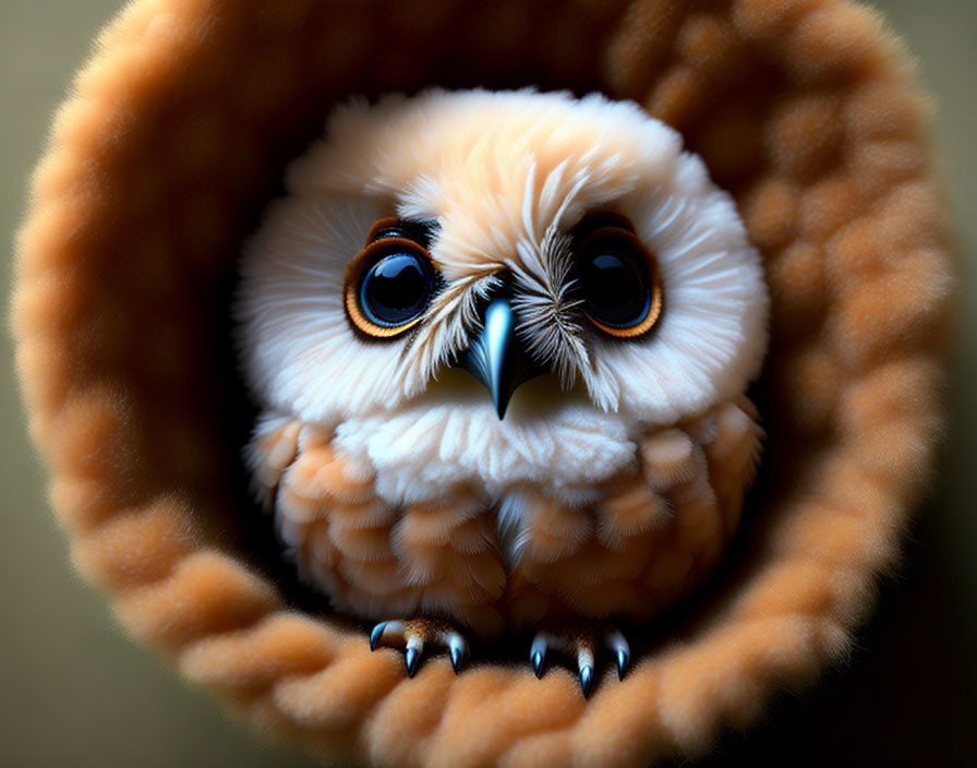 Fluffy brown owl with large black and orange eyes