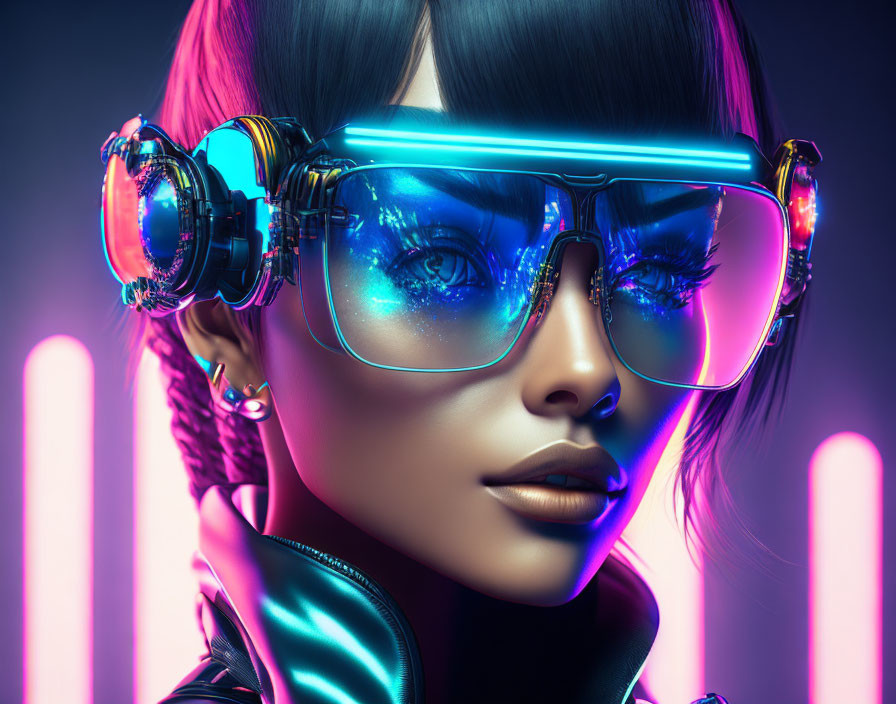 Futuristic woman with glowing blue visor glasses and headphones