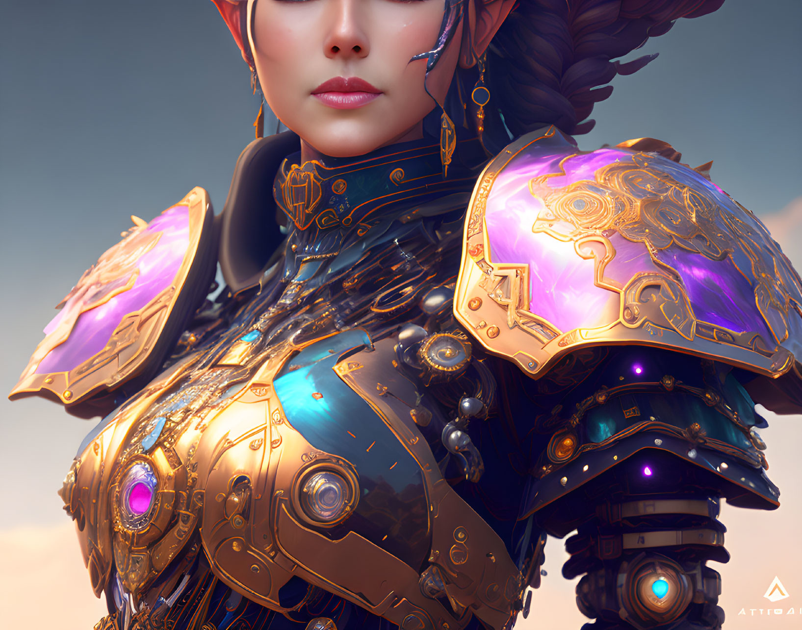 Female character in ornate golden armor with glowing purple accents against soft sky.