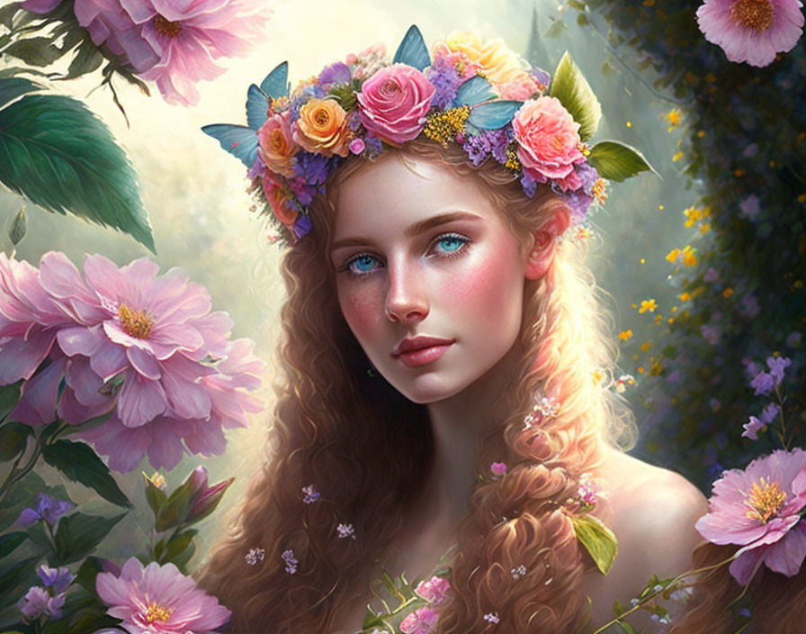 Woman portrait with floral crown, radiant skin, long wavy hair, pink flowers, and greenery