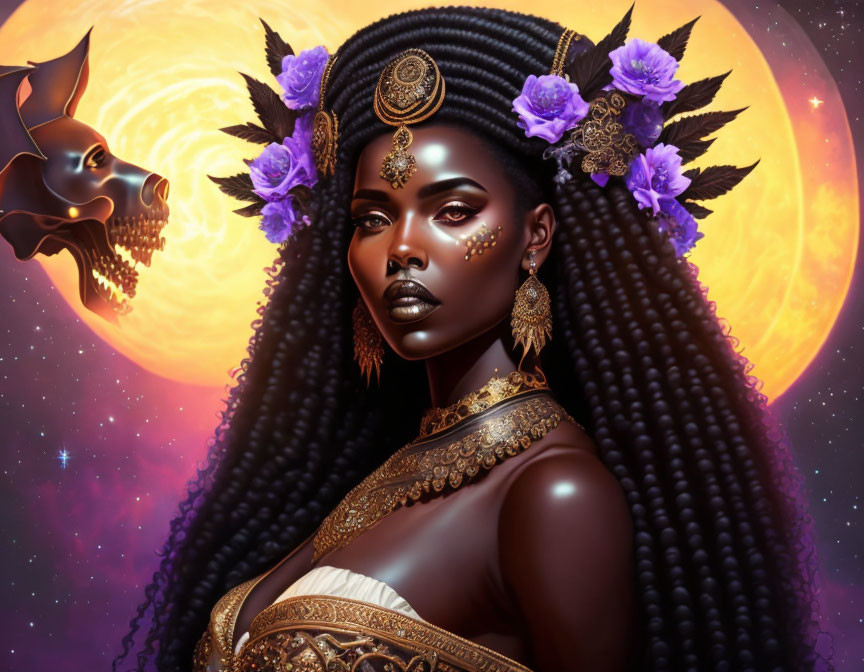 Dark-skinned woman in regal attire with golden jewelry and purple floral headpiece, set against moon