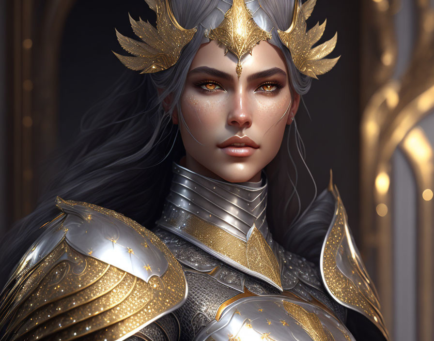 Fantasy artwork: Woman in silver armor with gold accents and regal crown