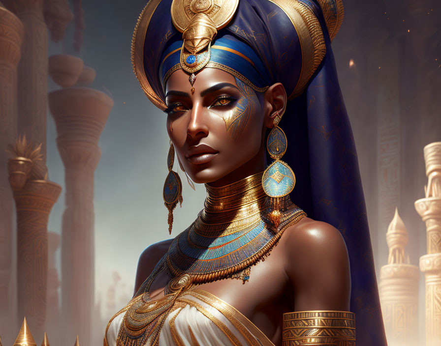 Illustrated portrait of a woman as Egyptian queen with ornate jewelry and headdress.
