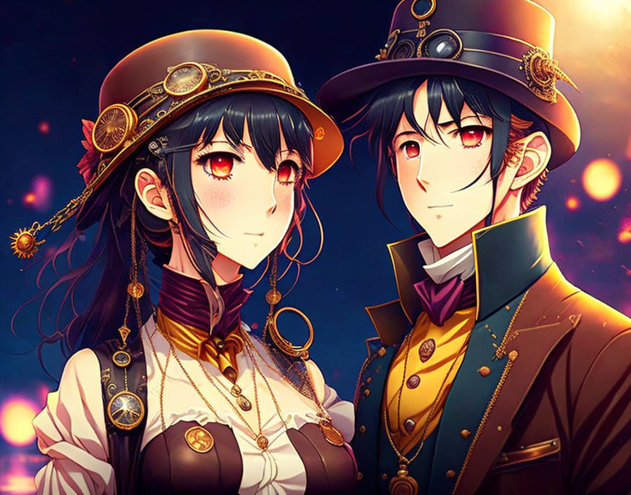 Steampunk-themed characters with red eyes in ornate attire against a nighttime backdrop