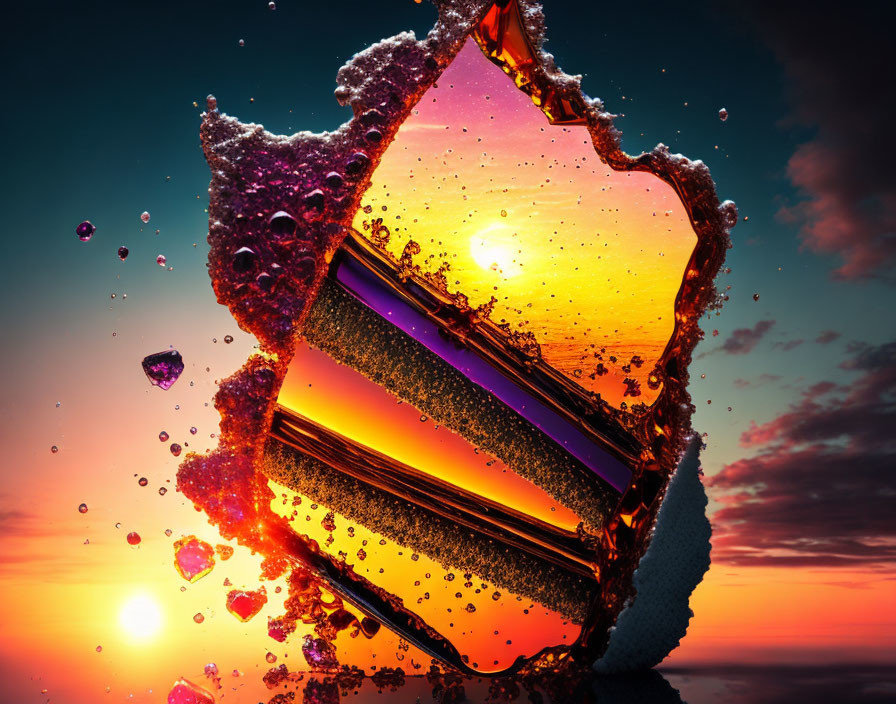 Colorful sunset reflection on liquid layers against serene seascape.